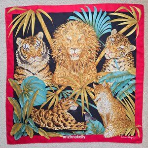 Salvatore Ferragamo Silk Scarf Big Cats Lion Tiger Fox Bird Leopard Floral